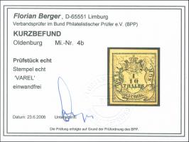 1852, 1/10 Th. auf hellolivgelb, allseits voll- bis breitrandig mit blauem Ra1 “VAREL 24.10.”. Die farbfrische Marke ist in e