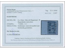 1859/61, 1 Gr. auf blau, allseits breitrandig mit 12 mm Bogenrand links, mit blauem Ra2 “VAREL 3.5.” entwertet. Die farbfrisc