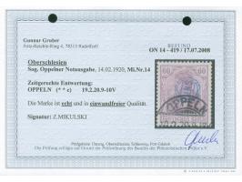 1920, Germania 60 Pfg. dunkelgraulila, sauber gestempelt “OPPELN 19.2.20", tadellos, sign. Mikulski, Fotobefund Gruber BPP (2