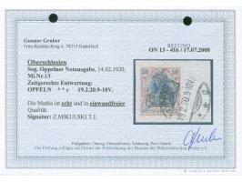1920, Germania 50 Pfg. dunkelgraulila/schwarz, gestempelt “OPPELN 19.2.20 9-10V" auf Briefstück, tadellos, sign. Mikulski, Fo