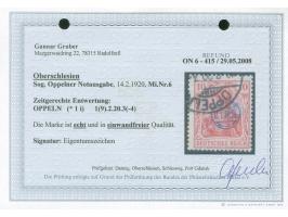 1920, Germania 10 Pfg. rotkarmin, gestempelt “OPPELN 19.2.20", wenige Zähne fleckig sonst tadellos, Eigentumszeichen, Fotobef