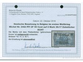 1916/18, Germania 2 F 50 C. auf 2 Mark schwärzlichblau, 26:17 Zähnungslöcher, mit Plattenfehler I “kleiner waagerechter Stric