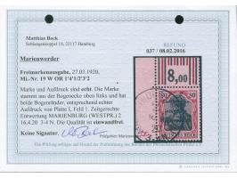 1920, Germania 80 Pfg. karminrot/rotschwarz auf hellrosa, linke obere Bogenecke im Walzendruck mit Konfiguration 1'4'1 / 2'3'