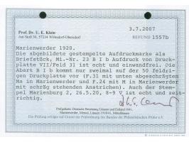 1920, Germania 2 Mark auf 2 ½ Pfg dunkelolivgrau, Aufdrucktype BIb, Aufdruckfeld 31 von Platte 7, sauber gestempelt “MARIENBU