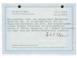 1920, Germania 5 Mark auf 7 ½ Pfg. rötlichorange, doppelter Aufdruck von Aufdruckfeld 32 der 2. Auflage, ungebraucht, tadello
