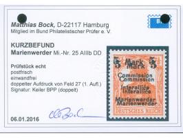 1920, Germania 5 Mark auf 7 ½ Pfg. rötlichorange, doppelter Aufdruck in Type AIIIb von Aufdruckfeld 27 der 1. Auflage, postfr