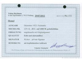 1923, 30 C. auf 1000 M. grünlichblau, kopfstehender Aufdruck in Type I, sauber ungebraucht, tadellos, sign. u. a. Richter, Fo