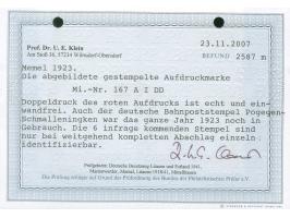 1923, 2 C. auf 300 M. oliv, doppelter Aufdruck, sauber gestempelt mit Bahnpoststempel “Pogegen-Schmalleningken”, tadellos, Fo