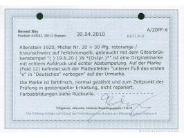1920, Hochovalaufdruck 30 Pfg., Plattenfehler “unterer Fuß des erten e in Deutsches verbogen”, gestempelt, tadellos, Fotobefu