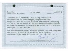1920, Hochovalaufdruck 30 Pfg. dunkelrotorange/schwarz auf hellchromgelb, linker oberer Eckrandviererblock mit Plattenfehler 