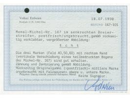 1923, Freimarke 2 C. auf 300 M. oliv, senkrechter Dreierstreifen mit vertikal verschobenem Aufdruck, somit obere Marke ohne A