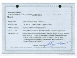 1923, Freimarke, 10 M. auf 5 C. grünlichblau, senkrechtes Paar aus der rechten unteren Bogenecke (kleiner Teil des Randes feh