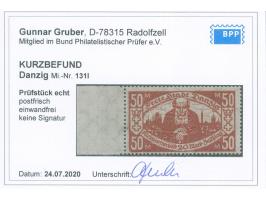 1923, Kleinrentnerhilfe 50 + 20 M. dunkelrötlichkarmin, linkes Seitenrandstück mit Plattenfehler “linke untere Bildecke abges