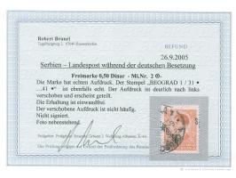 1941, Freimarke 0,50 Din. rotorange, nach links verschobener und geteilter Aufdruck, gestempelt “BEOGRAD 1 …”, tadellos, nich