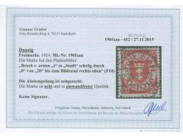 1924, Staatswappen im Oval 20 Pfg. karminrot/dunkelzinnoberrot (Mitte UV leuchtenddunkelrosa), Plattenfehler “Bruch vom erste