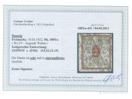 1922, Großes Staatswappen 50 M. rot/gold, liegendes Wasserzeichen, zeitgerecht gestempelt “ZOPPOT e -5.9.22”, tadellos, unsig