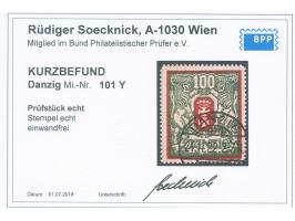 1922, Großes Staatswappen 100 M. dunkelzinnoberrot/dunkelgrünoliv, liegendes Wasserzeichen, sauber gestempelt “DANZIG 21.11.2