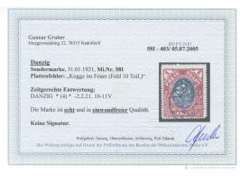 1921, Kogge 1 M. karmin/schwärzlichgrau, mit Plattenfehler “Kogge im Feuer” (Feld 10, Teilauflage), sauber und zeitgerecht ge