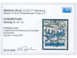 1920, Kleiner Innendienst 2 Pfg. dunkelgelbgrau, sauber gestempelt “DANZIG * 2 a 4.1.21”, zwei kurze Zähne unten, sonst tadel
