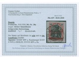 1920, Kleiner Innendienst 40 Pfg. karminrot/schwarz, sauber und zeitgerecht gestempelt “ZOPPOT 22.4.21” auf Briefstück, tadel