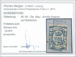 1861, 1 Gr. blau, faaarbfrisch und allseits voll- bis breitrandig mit blauem Rahmenstempel “JEVER” auf Briefstück, in einwand