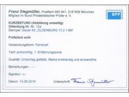 1861, 1 Gr. blau, farbfrisch und allseits breitrandig mit blauem DKr. “OLDENBURG 13.2.” auf Briefkuvert nach Rastede mit Anku