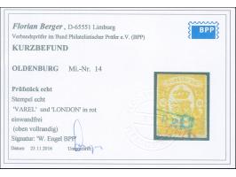 1861, 3 Gr. gelb, farbfrisch, allseits voll- bis breitrandig mit blauem Teilstempel “VAREL” und rotem EKr. “LONDON”, in einwa