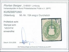 1862, ⅓ Gr. gelblichgrün mit Durchstich 11¾, mit klarem Teilstempel “VECHTA”, in einwandfreier Erhaltung, Kurzbefund Berger B