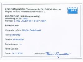 1862, ½&nbsp;Gr. mittelrötlichorange mit Durchstich 11¾, mit blauem Rahmenstempel “JEVER 6.8.(67)” auf kpl. Faltbrief in den 