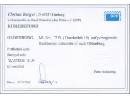 1862, 1 Gr. karmin mit Durchstich 10 und blauem Rahmenstempel “RASTEDE 21.9.” auf Faltbriefhülle nach Oldenburg mit schwarzem