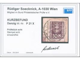 1923, Kleines Wappen 10 M., stehendes Wasserzeichen, sauber und zeitgerecht gestempelt “DANZIG -9.7.23” auf Briefstück, tadel
