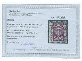 1923, Kleines Wappen 500 M., liegendes Wasserzeichen, sauber und zeitgerecht gestempelt “DANZIG-LANGFUHR a 13.2.23”, tadellos