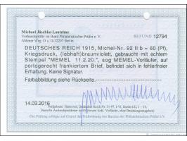 1920, Germania Kriegsdruck 60 Pfg. lebhaftbraunviolett, mit Stempel “MEMEL 11.2.20” auf R-Brief nach Borna als portogerechte 