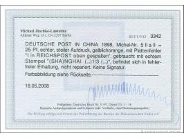 1898, Steilaufdruck 25 Pfg. gelblichorange, mit Plattenfehler “I in Reichspost oben gespalten”, sauber gestempelt “SHANGHAI 1