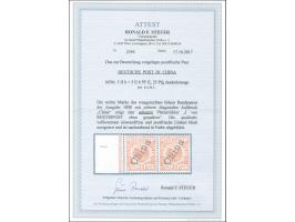 1898, Steilaufdruck 25 Pfg. dunkelorange, waagerechtes, linkes Seitenrandpaar mit Plattenfehler “I in Reichspost oben gespalt