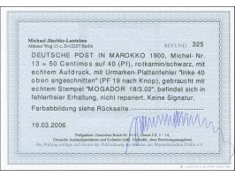 1900, Germania ohne Wz. 50 C. auf 40 Pfg. rotkarmin/schwarz, mit Plattenfehler “linke 40 oben angeschnitten” (PF 19 nach Knop