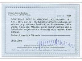 1900, Germania ohne Wz. 50 C. auf &nbsp;40 Pfg. dunkelrötlichkarmin/schwarz, mit Plattenfehler “dicker weißer Punkt über Mäan