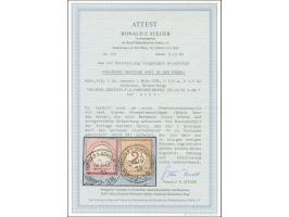 1872, Großer Schild 1 Kr. karmin mit Plattenfehler “H in Deutsche gebrochen” (Feld 94) und 2 ½ auf 2 ½ Gr. rotbraun mit Stemp