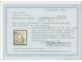 1875/80, Pfennige 50 Pfg. graugrün, sauber gestempelt mit blauem Stempel “KAISERL.DEUTSCH.P.A. CONSTANTINOPEL 5.12.79”, tadel