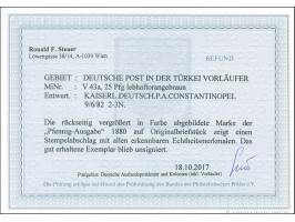1880, Pfennig 25 Pfg. lebhaftorangebraun, sauber gestempelt “KAISERL.DEUTSCH.P.A. CONSTANTINOPEL 9/6 82” auf Briefstück, tade