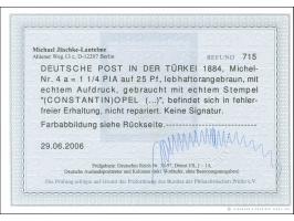 1884, Aufdruck auf Pfennig 1 ¼ Pia. auf 25 Pfg. mittelgelbbraun, gestempelt “CONSTANTINOPEL”, tadellos, Fotobefund Jäschke-L.