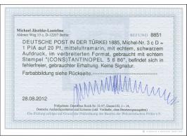 1884, Aufdruck auf Pfennig 1 Pia. auf 20 Pfg. lebhaftkobalt, verbreitertes Format, sauber gestempelt “CONSTANTINOPEL 2 DEUTSC