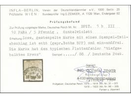1884, Aufdruck auf Pfennig 10 Pa. auf 5 Pfg. violettpurpur, mit Plattenfehler “Querstrich im Kreuz der Krone tieferstehend”, 