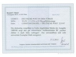 1889, Krone/Adler 1 ¼ Pia. auf 25 Pfg. gelblichorange, mit Aufdruckfehler “rechter Zähler ¼ nach links verbogen”, sauber gest