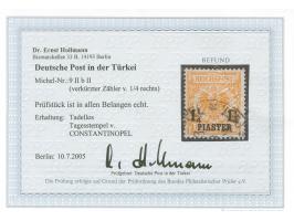 1889, Krone/Adler 1¼ Pia. auf 25 Pfg. gelblichorange, mit Aufdruckfehler “1 vom rechten ¼ verkürzt”, gestempelt “CONSTANTINOP