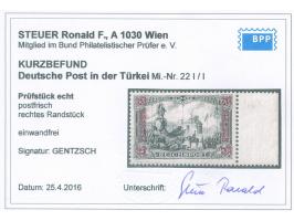 1900, Germania 15 Pia. auf 3 M. violettschwarz, Urmarkentype I, rechtes Seitenrandstück, postfrisch, tadellos, sign. Gentzsch