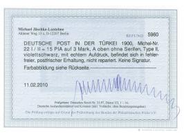 1900, Germania 15 Pia. auf 3 M. violettschwarz, Urmarkentype II, postfrisch, tadellos, unsigniert, Fotobefund Jäschke-L. BPP 