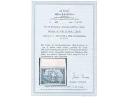 1902/04, Aufdrucktype II 10 Pia. auf 2 M. schwärzlichblau, Urmarke Type I, Oberrandstück, postfrisch, tadellos, unsigniert, F