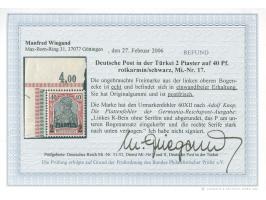 1900, Aufdrucktype I 2 Pia. auf 40 Pfg. rotkarmin/schwarz, linkes Seitenrandstück mit Plattenfehler “Linkes R-Bein ohne Serif