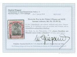 1900, Aufdrucktype I 2 Pia. auf 40 Pfg. dunkelrötlichkarmin/schwarz, mit Plattenfehler “innere Randlinie mit Mäander unten re